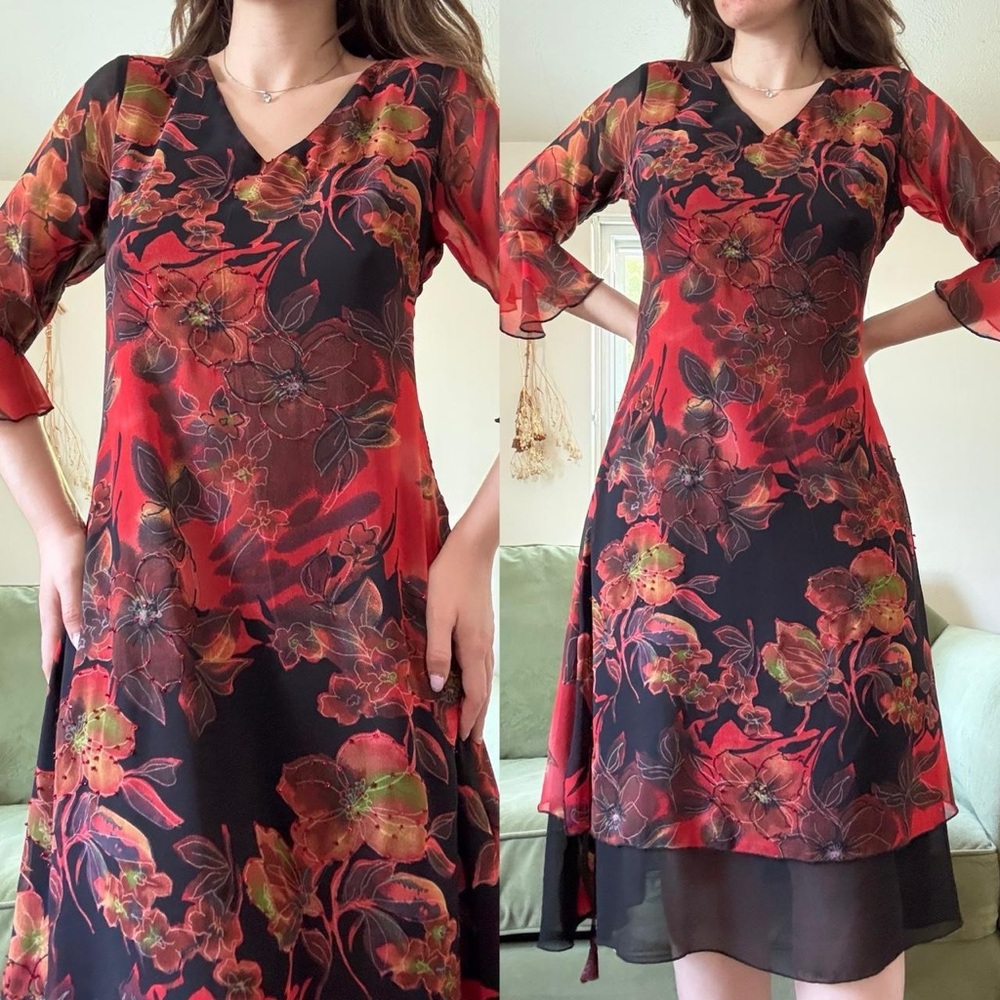 Vintage 90s/2000s Floral Red and Black Dress Beaded Elegant Gothic Grunge Boho